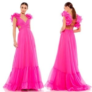 Mac Duggal NWT Ruffle Tiered Cut-Out‎ Chiffon Lace Up Gown $698 Women’s Size 4